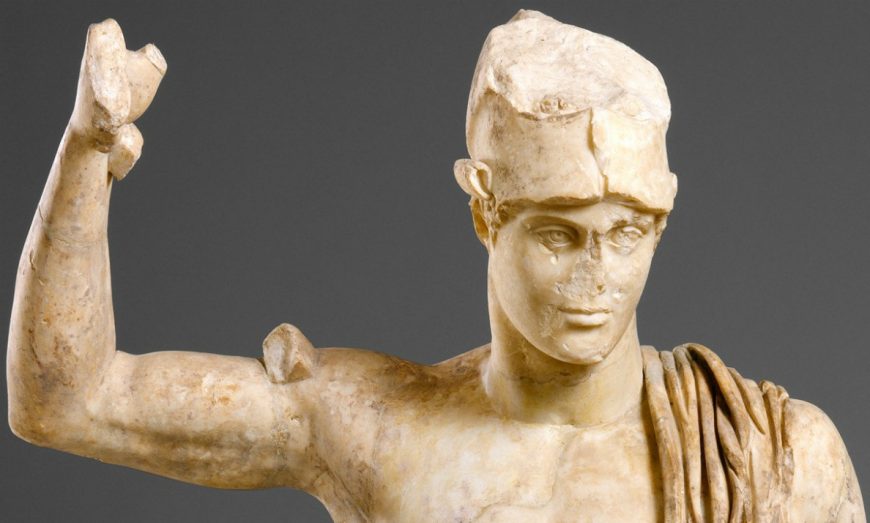 Marble statue of a wounded warrior, c. 138–181 C.E.,  Roman copy of a Greek bronze sculpture of c. 460–450 B.C.E., 220.98 cm high (The Metropolitan Museum of Art, New York)
