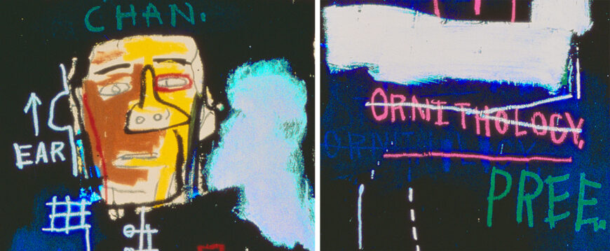 "CHAN," "ORNITHOLOGY," and "PREE," Jean-Michel Basquiat, Horn Players (detail), 1983, acrylic and oil stick on three canvas panels mounted on wood supports, 243.8 x 190.5 cm (The Broad Art Foundation) © The Estate of Jean-Michel Basquiat