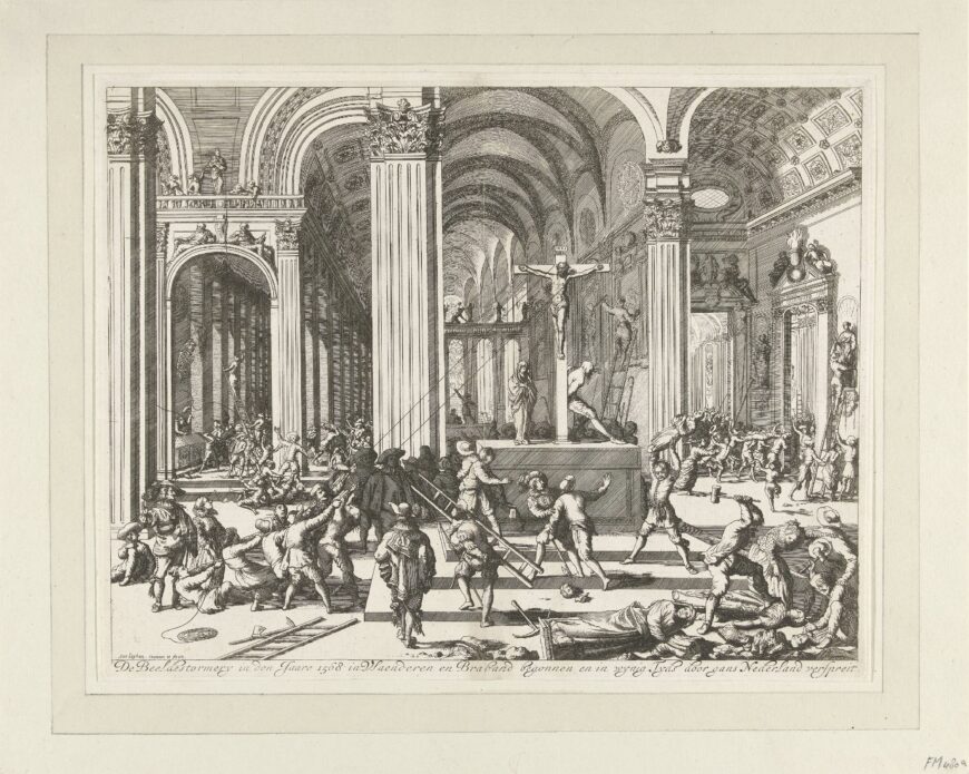 The iconoclasm began in Flanders and Brabant in the year 1568 and spread throughout the Netherlands in a short time. Here, iconoclasm is in full swing: pulling down and smashing statues of saints, and in the middle, attempts to pull down a crucifix standing on the altar. Jan Luyken, Beeldenstorm, 1677–79, etching, 27 x 34.8 cm (Rijksmuseum, Amsterdam)